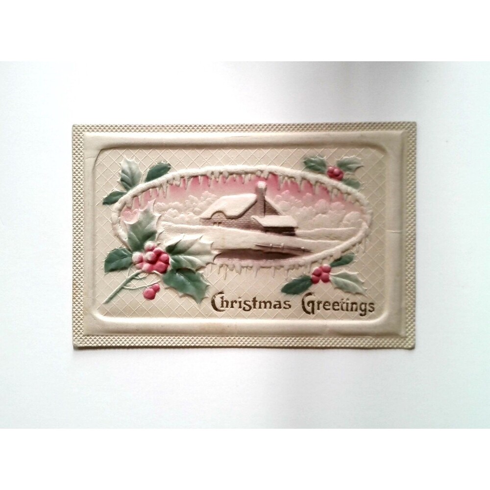 Vintage Embossed Icicles Christmas Greetings Winter Cottage Postcard Germany